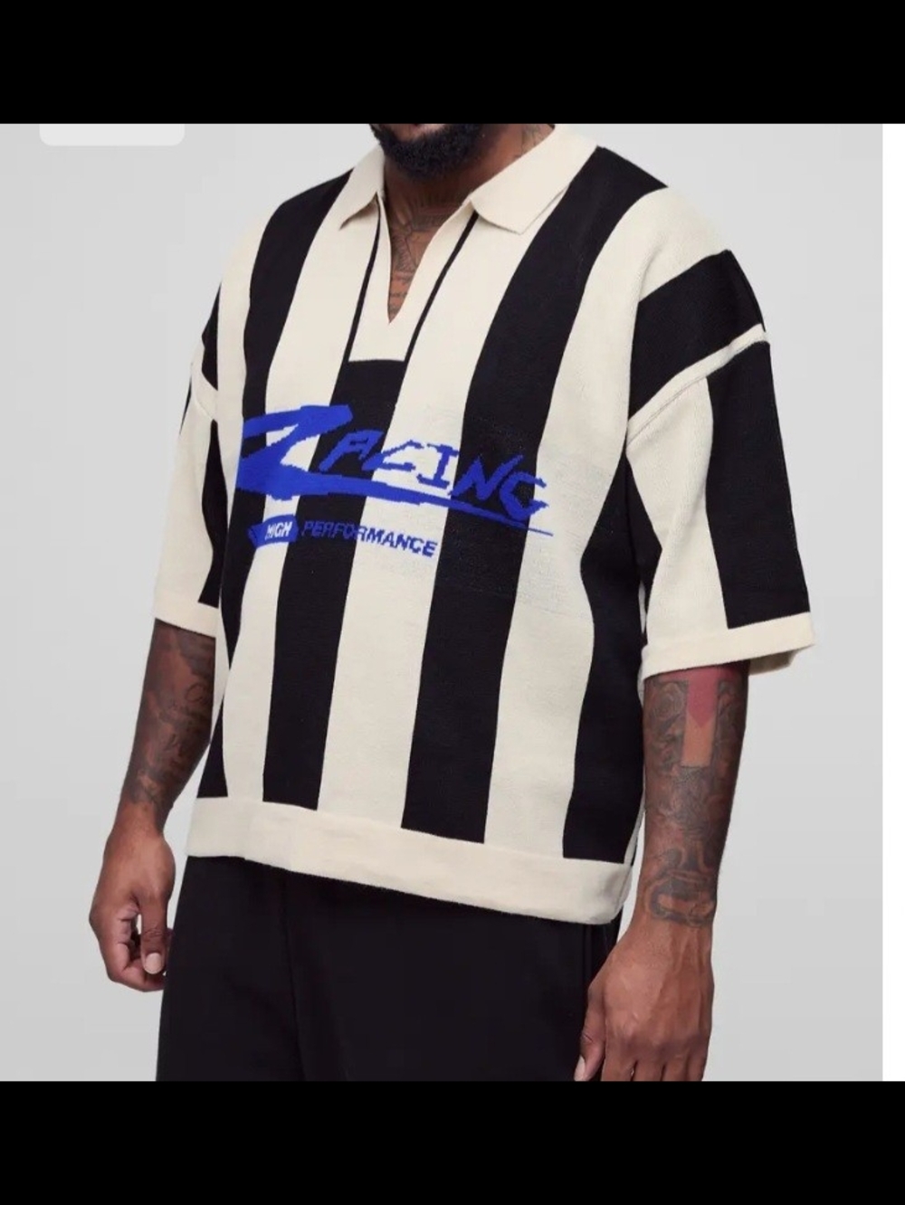BoohooMan Racing High Performance Black & Cream Striped Knit Top  Size 4XL